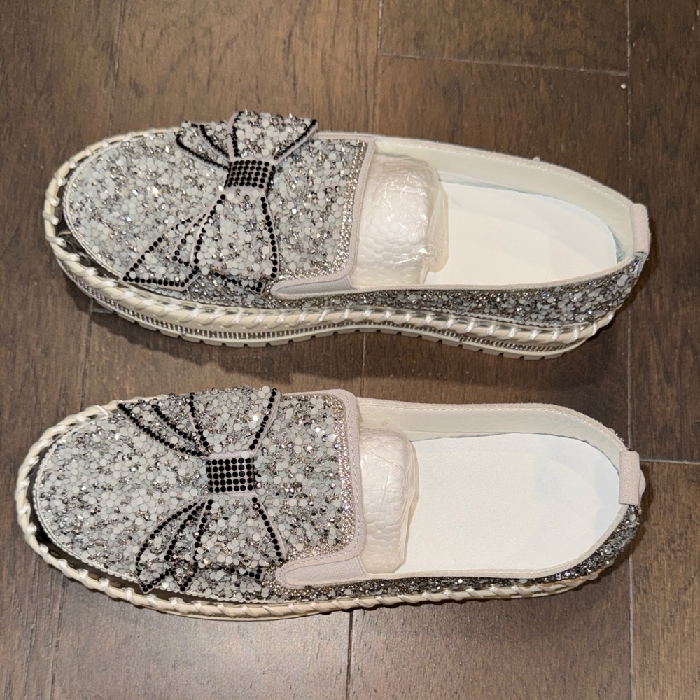 Sparkle Bow Slip-On Loafers for Women in Silver
